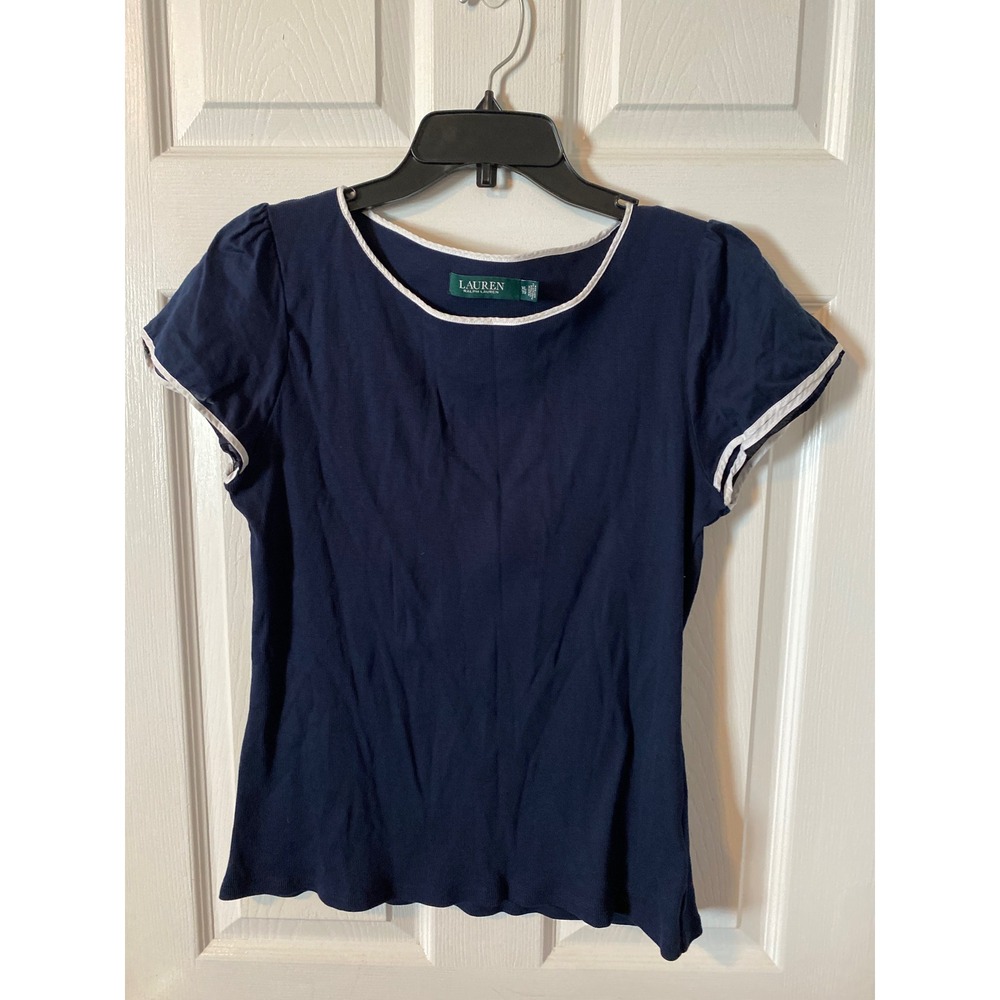 Lauren Ralph Lauren Navy Blue Puff Sleeve Top White Piping Ribbed Knit XL